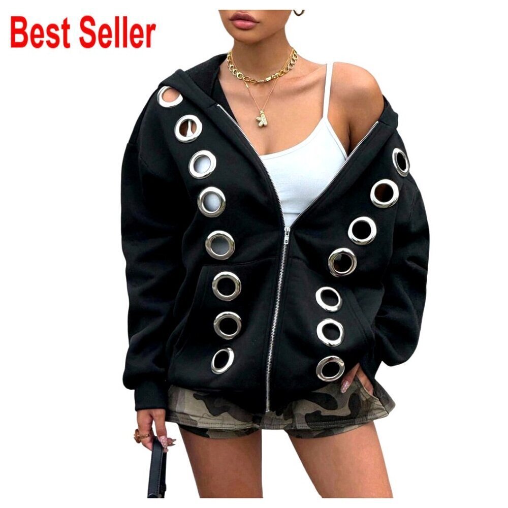 Women's Zip Up Hoodie Punk Style Oversized Fit Long Sleeve Sweatshirt